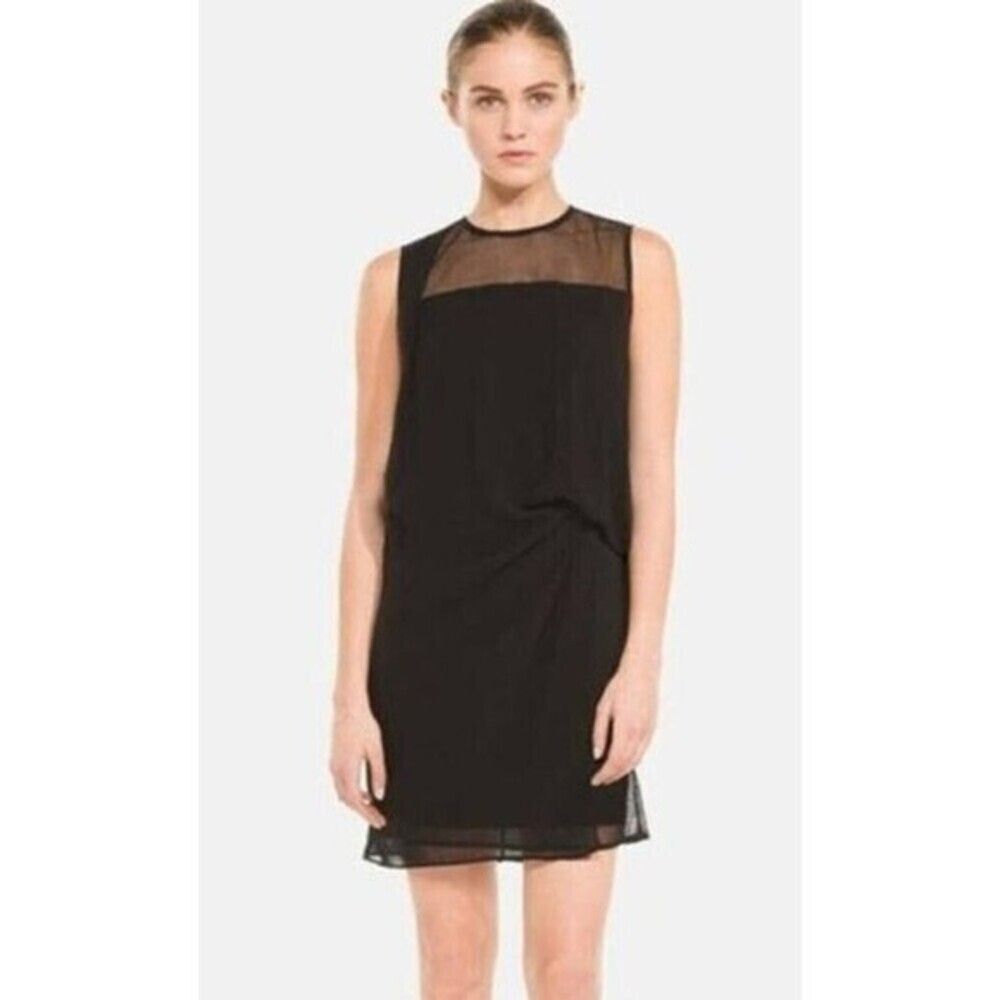 Sandro Roxane Solid Black Mesh Gathered Sleeveless Mini Dress Size Medium